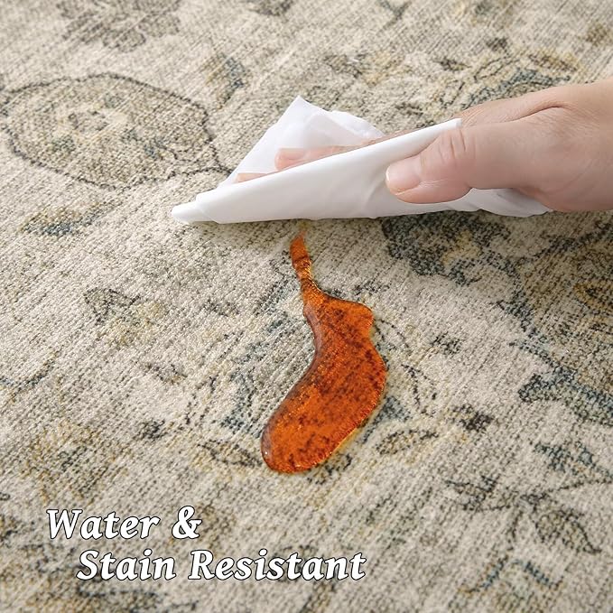 Washable 6x9 Area Rugs for Living Room, BoHo Non-slip Silicone Backing Large Rug for Bedroom Dining Room Nursery Office, 0.3" Neutral Oriental Throw Carpet with 0.16" Cushioning Pad, Light Brown/Multi