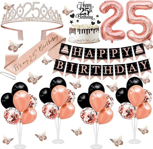 25th Birthday Decorations for Women - 56pcs Rose Gold Happy 25th Banner, Rhinestone Crown & Sash, Cake Topper, 40 Balloons, 3D Butterflies & 4 Balloon Stands (25)