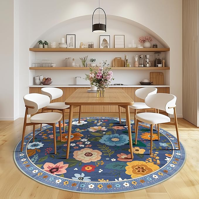Floral 8ft Area Rug Machine Washable Soft Print Boho Carpet Non Slip Doormat Low Pile Flower Area Rugs for Living Room Bedroom Nursery Kitchen Dining Room Indoor-Blue/Grey