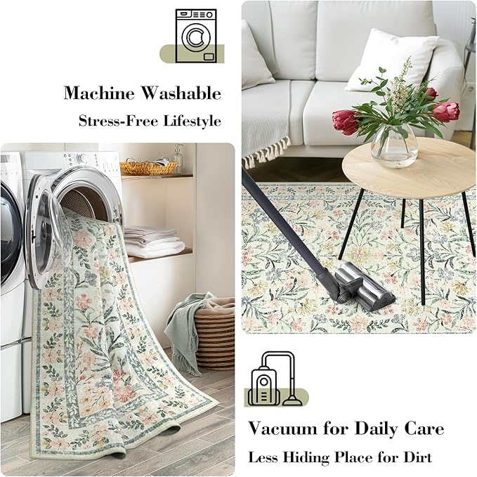 Wonnitar Large Living Room Rug, Floral 10 x 14 Machine Washable Area Rugs, Soft Boho Ultra-Thin Non-Shedding Indoor Aesthetic Carpet for Bedroom Dining Room Office