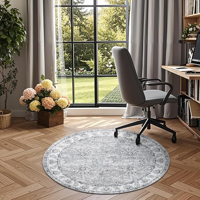 jinchan Round Rug 4ft Area Rug - Indoor Vintage Hallway Circle 4' Washable - Ultra-Thin Low Pile Soft Small Non Slip Distressed Floral Print for Living Room Dining Room Bedroom Entryway Grey