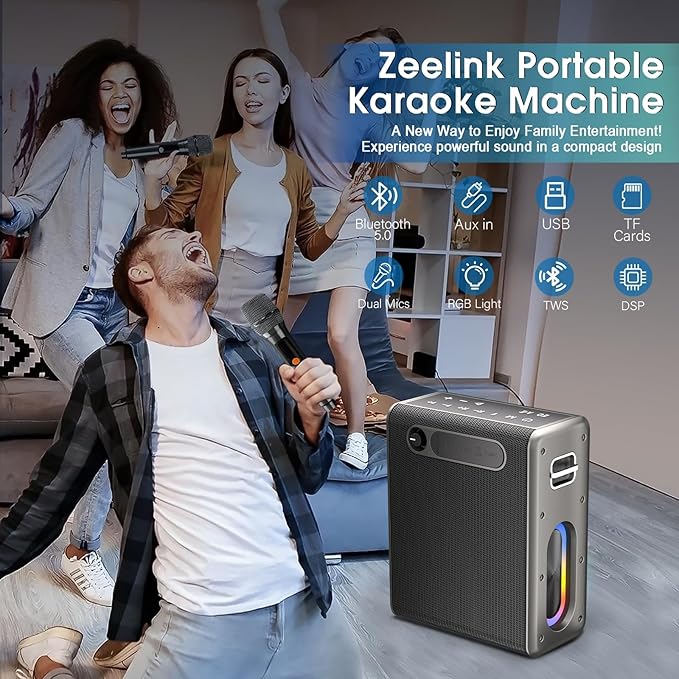 Karaoke Machine with Two Wireless Microphones, Powerful Portable Bluetooth Speaker for Adults & Kids, PA System with 2 Voice Mode, LED Lights, Supports BT/TWS/AUX/USB/TF for Party (Black+Sliver)