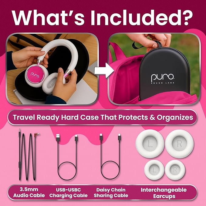 Puro Sound Labs BT2200 Plus Kids Bluetooth Headphones – Volume-Limiting 85dB, Studio-Grade Audio, Over-Ear & Comfy Design, 20-Hour Battery Life, Easy to Connect Wireless Headphones for Kids, Pink