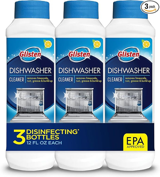 Glisten Dishwasher Cleaner, Removes Limescale, Rust, Buildup, and Grease, Lemon Scent, Made in the USA, 12 Ounce Bottle, 3-Pack