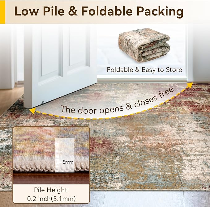 Washable Area Rugs 6ft Non-Slip Modern Abstract Soft for Living Room Entryway Bedroom Nursery, Print Pattern, Brown Rust Red Multi