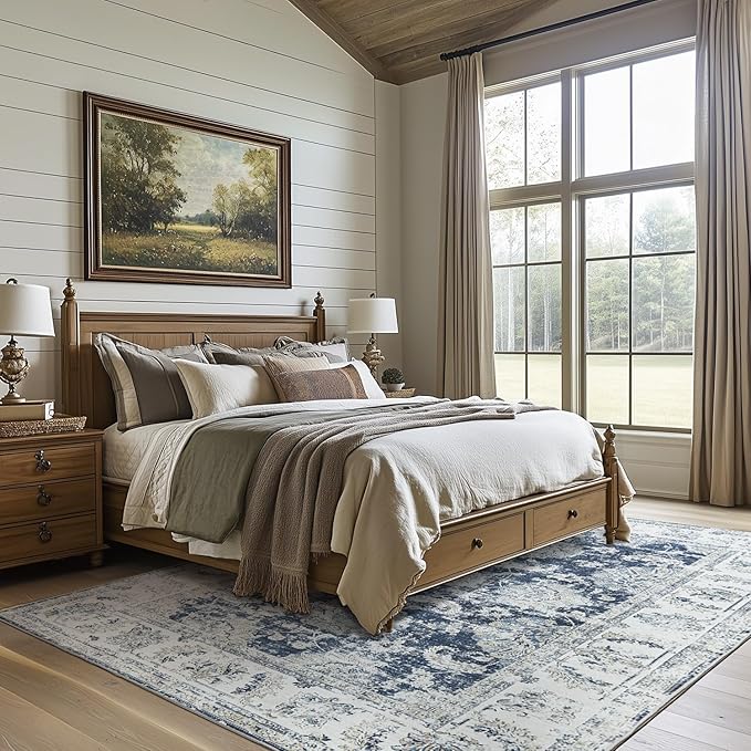 jinchan 6x9 Area Rug for Living Room Machine Washable Vintage Floral Distressed Design Stain Resistant Boho Carpet Ultra-Thin Low Pile Non-Slip Rug for Bedroom Dining Room Home Office(6‘x9',Dark Blue)