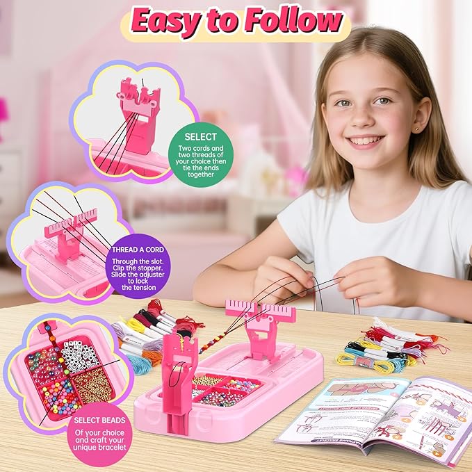 Friendship Bracelet Making Kit, Arts and Crafts Loom Bracelet Maker for Kids, Jewelry String Making supplies with 3 Thread Styles & 6 Bead Types, Christmas Birthday Gifts for Girls Ages 6 7 8 9 10+