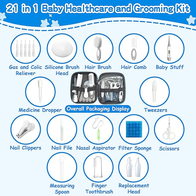 Baby Healthcare and Grooming Kit, 21 in 1 Portable Baby Essentials Kit with Gas Relief Hair Brush Comb Nasal Aspirator for Newborn Boys Girls (Grey White)