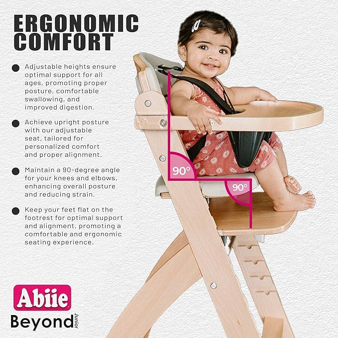 Abiie Beyond Junior Wooden High Chair with Tray - Adjustable and Convertible High Chair for Babies and Toddlers - 6 Months to 250 Lb - Water Resistant - Natural Wood with Dark Grey Cushion
