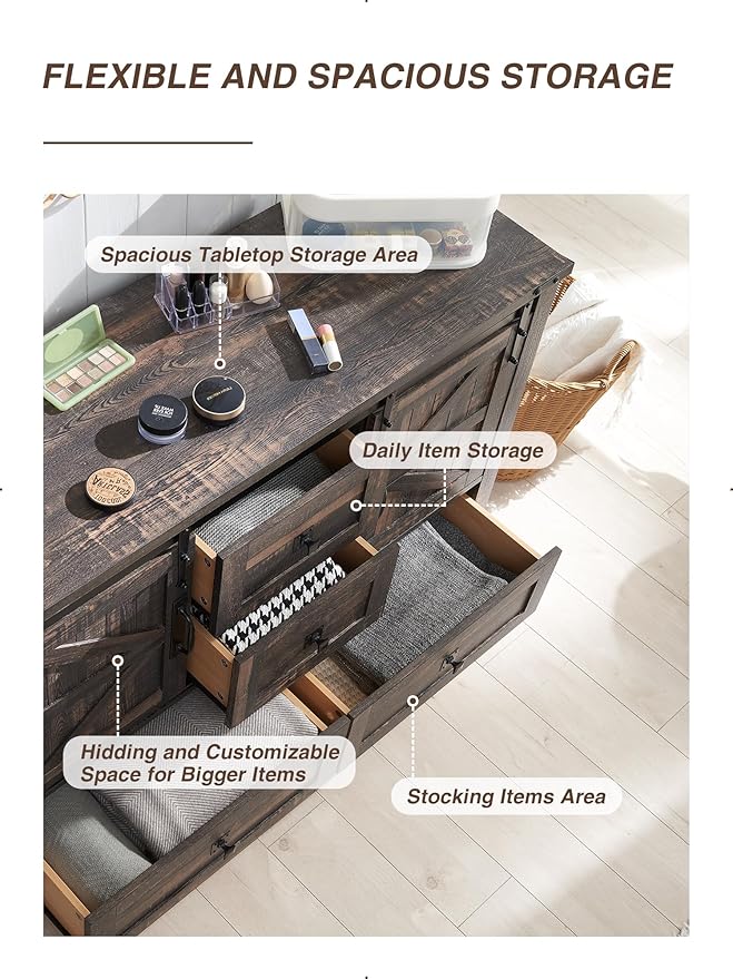 T4TREAM 48'' Farmhouse Dresser w/4 Drawers & 2 Sliding Barn Doors, Tall Chest of Drawers Organizer, Rustic Dresser TV Stand w/Adjustable Shelf for Bedroom, Living Room, Nursery Room, Dark Rustic Oak