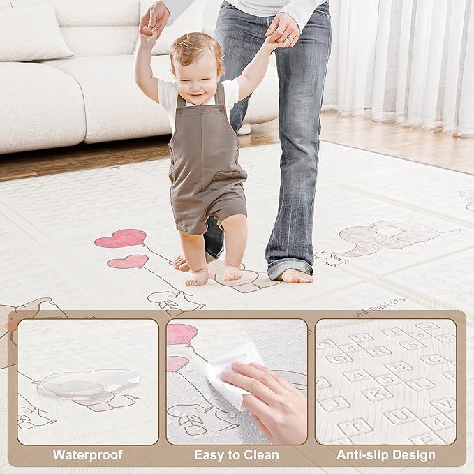 Baby Play Mat, 59x59 Inch Foldable Play Mats for Babies and Toddlers, Waterproof & Anti-Slip Reversible Portable Baby Floor Crawling Mat Foam Playmat for Tummy Time
