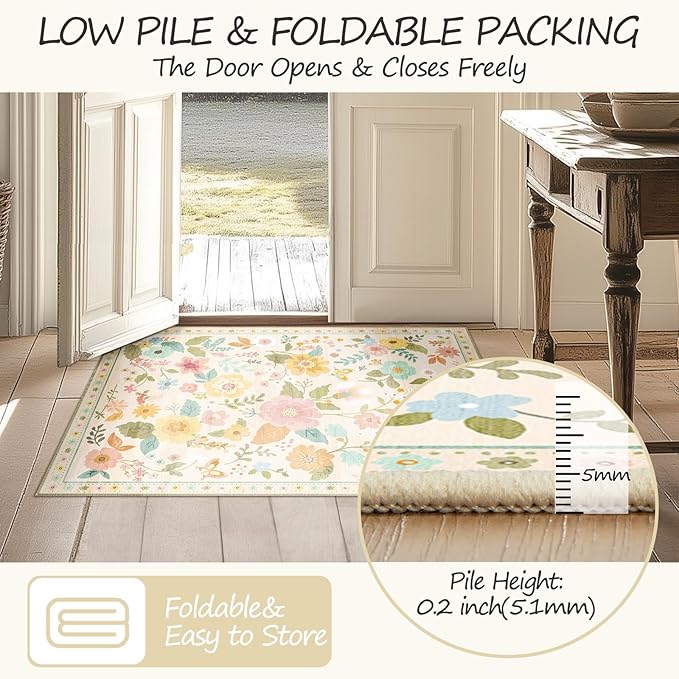 Floral 2x3 Area Rug Machine Washable Soft Print Boho Carpet Non Slip Doormat Low Pile Flower Area Rugs for Living Room Bedroom Nursery Kitchen Dining Room Indoor-Beige/White/Orange
