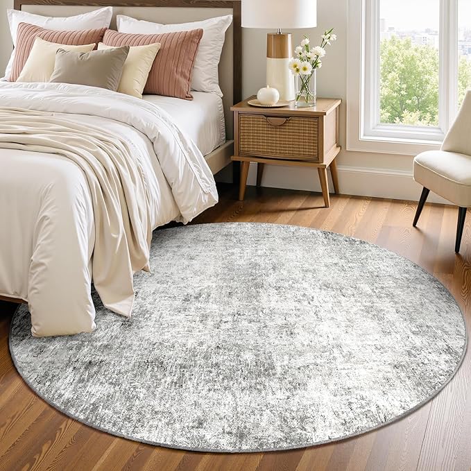 Washable Area Rugs 6ft Non-Slip Modern Abstract Soft for Living Room Entryway Bedroom Nursery, Print Pattern, Gray White Grey