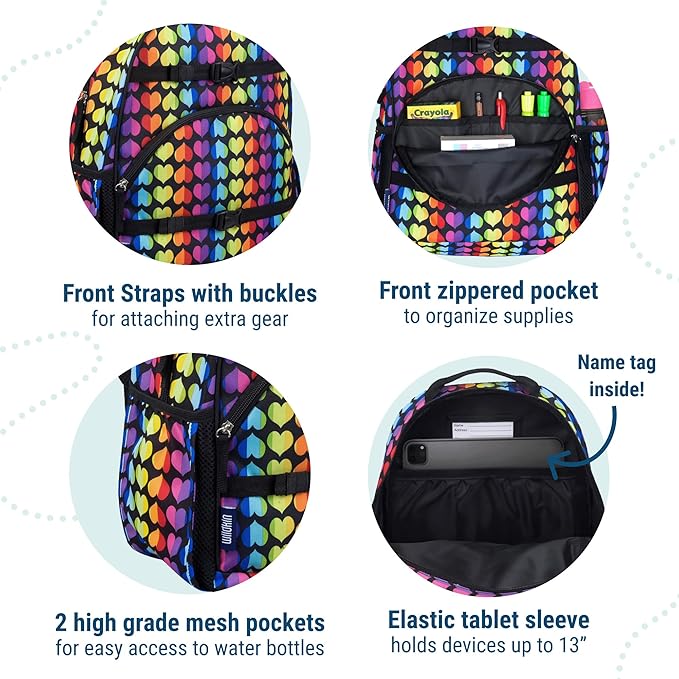 Wildkin ECO rPET 17-inch Large Backpack – Sustainable, Padded, Adjustable – Rainbow Hearts