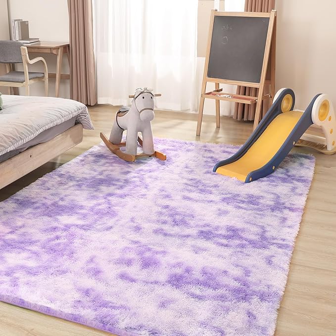 Area Rugs 8x10, Fluffy Rugs for Living Room, Ultra Soft Rugs for Bedroom, Non-Slip Indoor Carpet for Nursery, Kids Room, Playroom, Home Decor, Tie-Dyed Purple