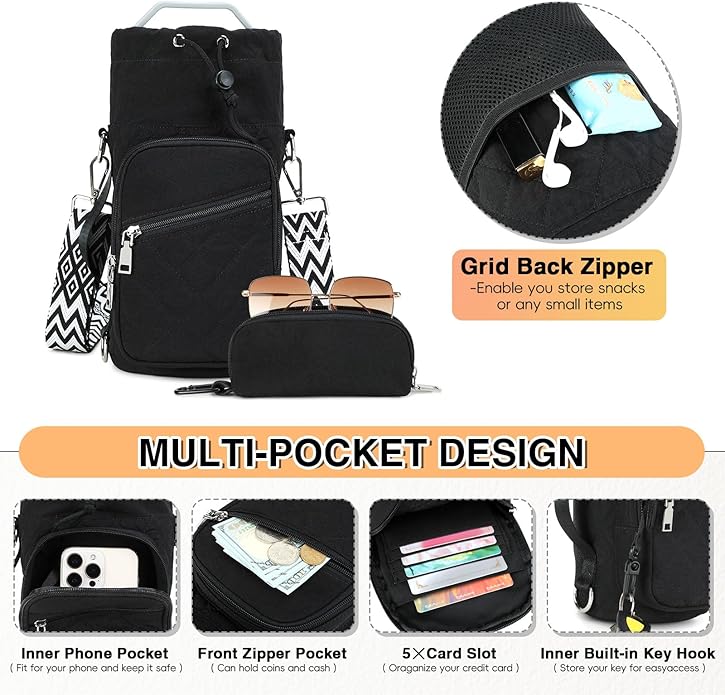 Water Bottle Carrier Bag with Strap, Water Bottle Holder Crossbody Bags for Women Men for Walking, Hiking,Cycling