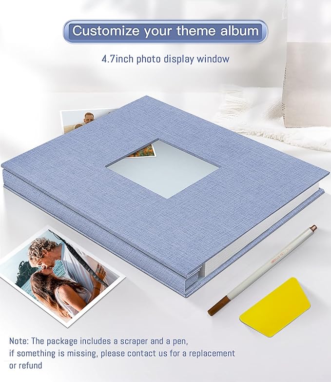 popotop Photo Album Self Adhesive with Picture Display Window,40 Pages DIY Scrapbooking Supplies Kit for 4x6 8x10 Picture,Linen Cover Memory Book for Baby Wedding, with Scraper and Metallic Pen