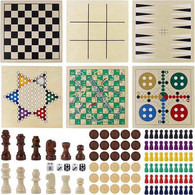 Juegoal 7-in-1 Wooden Board Game Set for Kids Adults, Tabletop Combo Classic Travel Portable Board Games (Chess, Checkers, Chinese Checkers, Backgammon, Parcheesi, Snakes and Ladders, Tic Tac Toe)