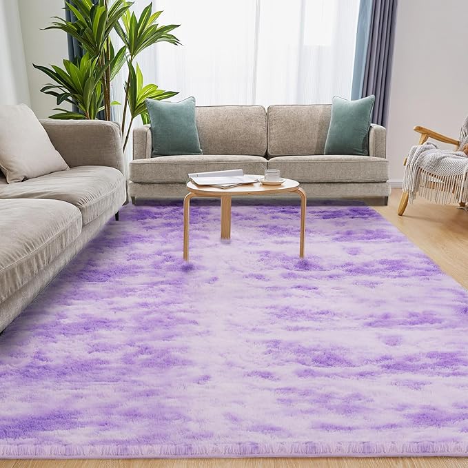 Area Rugs 8x10, Fluffy Rugs for Living Room, Ultra Soft Rugs for Bedroom, Non-Slip Indoor Carpet for Nursery, Kids Room, Playroom, Home Decor, Tie-Dyed Purple