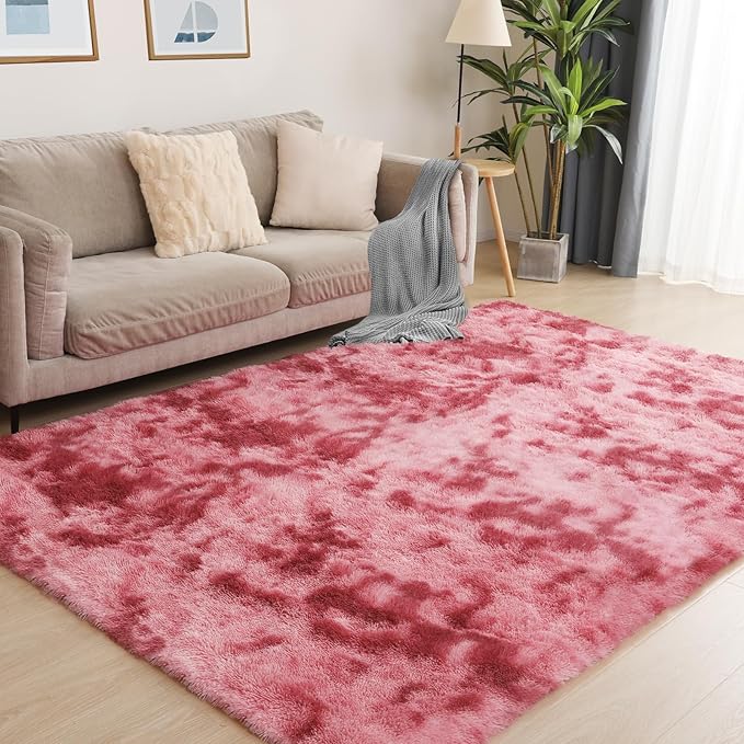 Luxury 3x5 Area Rug, Ultra Soft Rugs for Living Room, Plush Carpet Rugs for Bedroom, Non-Slip Indoor Rug for Nursery, Study Room, Playroom, Home Decor, Tie-Dyed Dark Pink