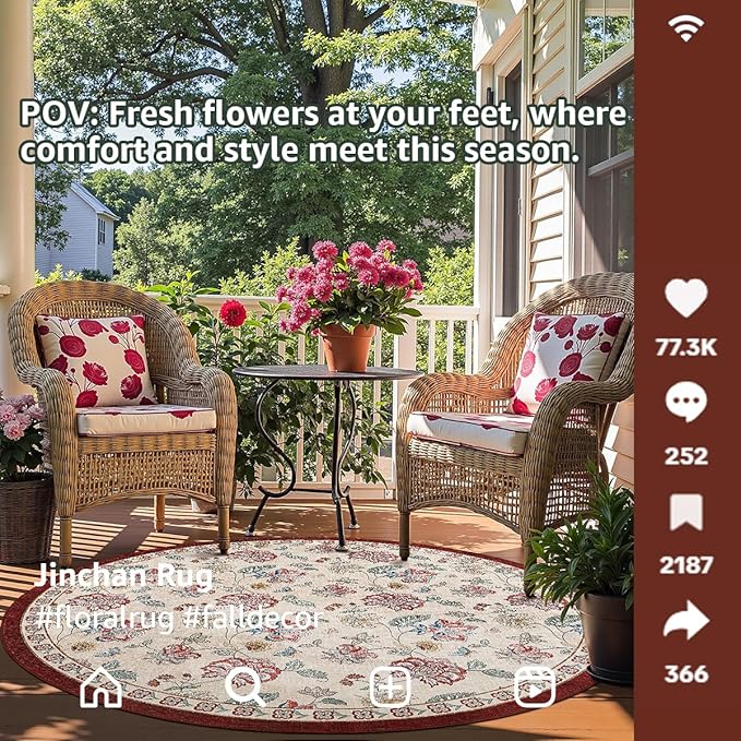 jinchan 6ft Floral Round Rug for Dining Room Washable Living Room Rug Vintage Romance Design Non Slip Indoor Floor Cover Lightweight Low-Profile Throw Carpet for Bedroom Porch Patio, Red/Beige