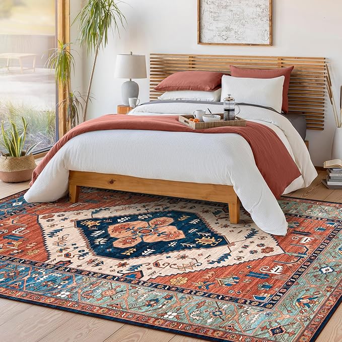 Lahome Area Rugs 9x12 Living Room - Boho Non-Slip Washable Rug Ultra-Thin Stain Resistant Large Carpet Throw Non Shedding Dining Room Mat, Oriental Print Carpet for Bedroom Guest Room (Rust, 9'x12')