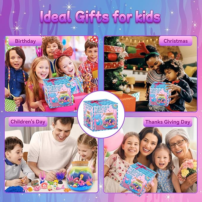 Mermaid Terrarium Craft Kit for Kids - LED Night Light Up & Remote Mermaid Birthday Gifts Toys for Girls Age 5 6 7 8 9 10 11 12 Year Old