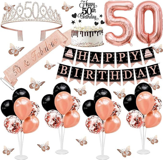 50th Birthday Decorations for Women - 56pcs Rose Gold Happy 50th Banner, 50th Birthday Crown Sash, Cake Topper, Number 50 balloons, 3D Butterflies, 4 Balloon Stands kits
