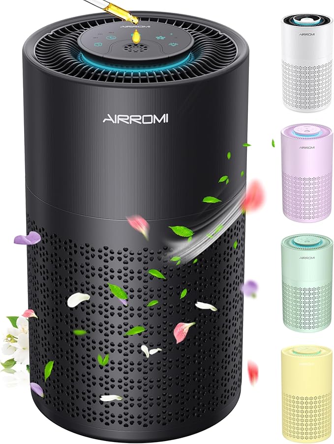 AIRROMI Air Purifier for Bedroom with HEPA 3-in-1 Filter, Pet Air Purifier for Home Cat Pee Smell, Covers Upto 990 Ft², Quiet 360°intake Air Cleaner for pet hair,allergies,Dust,Smoke A2001 Black