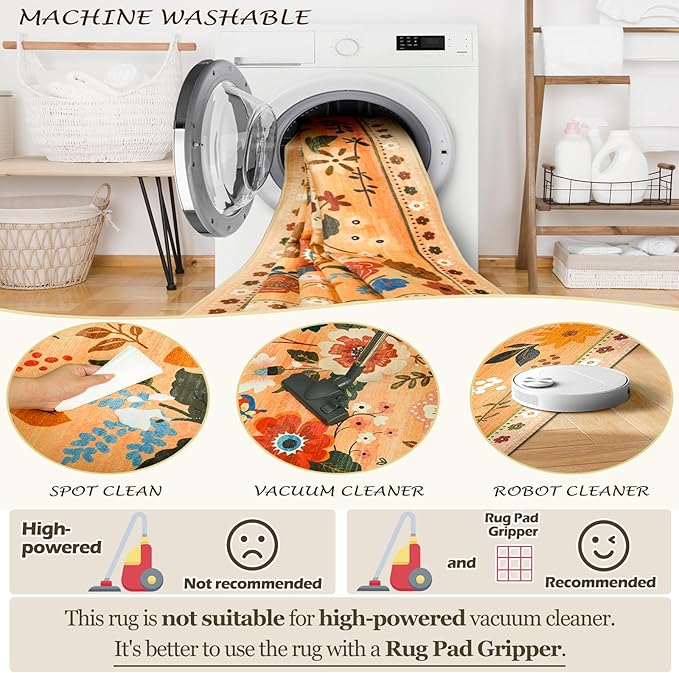 Floral 2x10 Area Rug Machine Washable Soft Print Boho Carpet Non Slip Doormat Low Pile Flower Area Rugs for Living Room Bedroom Nursery Kitchen Dining Room Indoor-Yellow/Orange