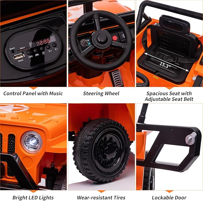 Ride on Truck Car, 12V Electric Ride on Car with Remote Control, MP3, LED Lights, Suspension System, Double Doors, Safety Belt, Ride-on Toy for Kids Aged 3-8 Years
