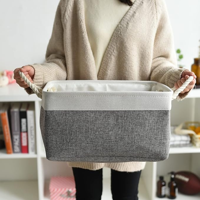 TcaFmac Collapsible Storage Bins for Organization - Large 3 Pack Canvas Storage Basket for Shelves, Organizer Baskets for Organizing for Closet Cloth Dog Toy Baby (White & Grey 16x12x8 inch)