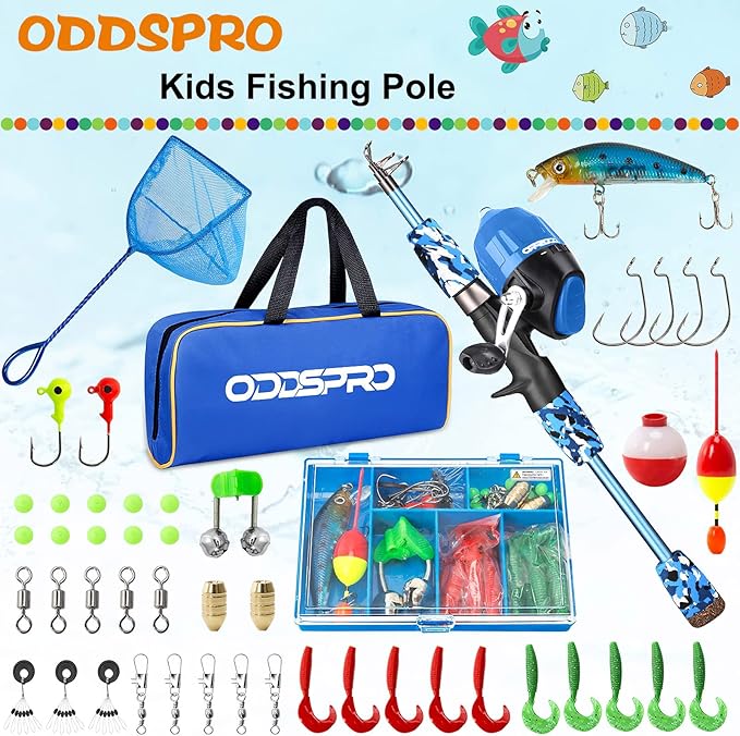 ODDSPRO Kids Fishing Pole Pink, Portable Telescopic Fishing Rod and Reel Combo Kit - with Spincast Fishing Reel Tackle Box for Girls, Youth