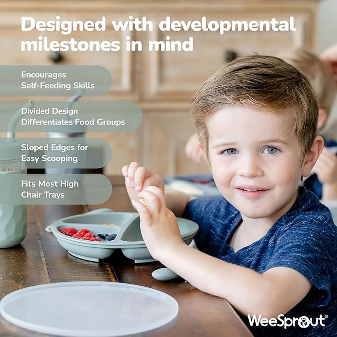 WeeSprout Silicone Divided Plates (With Lids), 100% Food Grade, Toddler & Kids Plates, Dishwasher & Microwave Safe