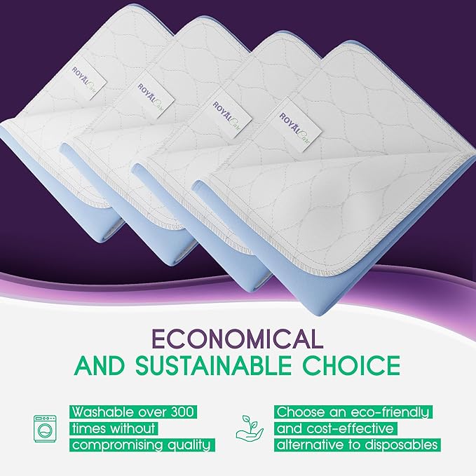 Incontinence Bed Pads - 18x24 | Cotton Blend | Washable Bed Pads for Adults, Children, Pets and Seniors Waterproof | Pack of 4, Blue, by Royal Care