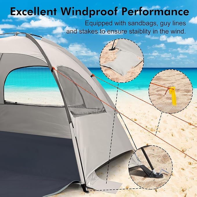 WhiteFang Beach Tent Anti-UV Portable Sun Shade Shelter for 3/4/6/8 Person, Extendable Floor with 3 Ventilating Mesh Windows Plus Carrying Bag, Stakes and Guy Lines