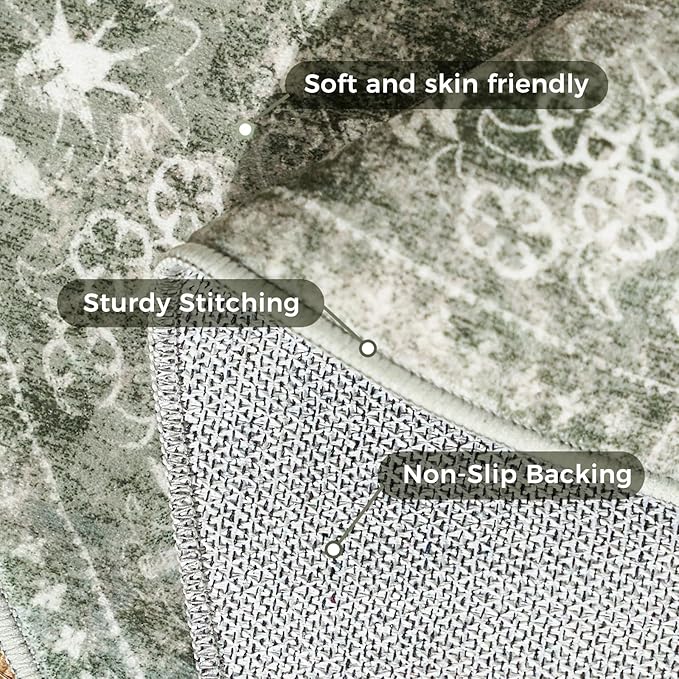 jinchan Round Rug 4ft Area Rug - Green Vintage Floor Mat Kitchen Indoor - Washable Circle 4' Thin Floral Print Carpet Retro Farmhouse Non Slip Dining Room Living Room Bedroom Office