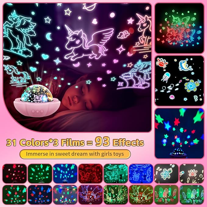 MINGKIDS Unicorn Girl Toys Age 3-10,Night Light Projector- Multi Colors Rotating Remote, 3 Films and Auto Timer, Christmas Stocking Stuffers Birthday Gifts for 5-7 Year Old Girls