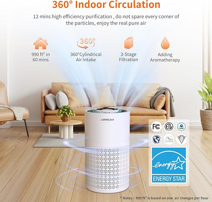 AIRROMI Air Purifier for Bedroom with HEPA 3-in-1 Filter, Pet Air Purifier for Home Cat Pee Smell, Covers Upto 990 Ft², Quiet 360° intake Air Cleaner for pet hair,allergies,Dust,Smoke A2001 White