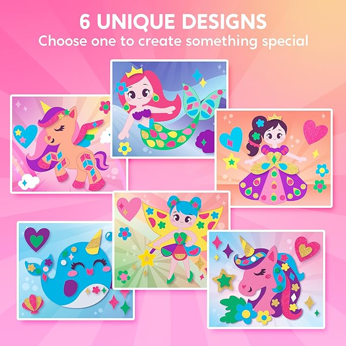 Klever Kits Foam Art Kit for Kids, EVA Foam Stickers with 6 Art Board and 800+ Stickers, DIY Arts and Crafts for Boys Girls Age 3+, Unicorns & Princesses Birthday Gifts Travel Toy