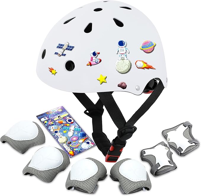 Kids Bike Helmet with DIY Stickers and Knee Pads Elbow Pads Wrist Guard Set for Ages 3-8-14 Toddler Boys Girls Helmet for Roller Skates Cycling Skateboarding Bicycle Scooter