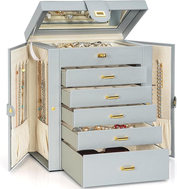 AKOZLIN Large Jewelry Box Organizer Functional Lockable with Big Mirror, Leather Jewelry Storage Case for Women Girls Ring Necklace Earring Bracelet Holder Organizer Grey