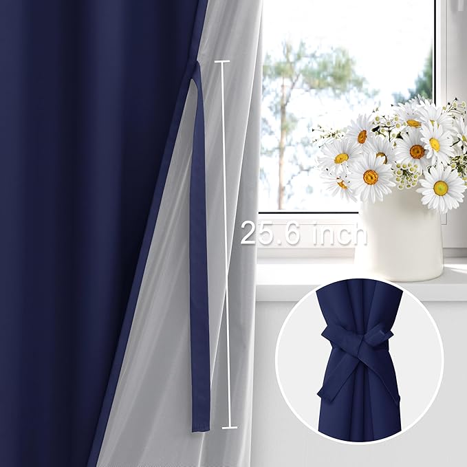XWZO 100% Blackout Curtains 63 Inches Long with Tiebacks- 2 Layers Full Light Blocking and Thermal Insulated Black Liner Rod Pocket Curtains for Bedroom/Living Room, Navy Blue, W42 x L63, Set of 2