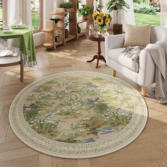 Circle Rug Impressionist-Style Vintage Round Rug 4ft Non Slip Low Pile Small Circular Rug for Bedroom Bathroom Entryway Kids Room Office College Dorm, Beige