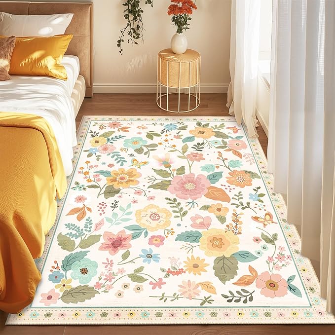 Floral 3x5 Area Rug Machine Washable Soft Print Boho Carpet Non Slip Doormat Low Pile Flower Area Rugs for Living Room Bedroom Nursery Kitchen Dining Room Indoor-Beige/White/Orange