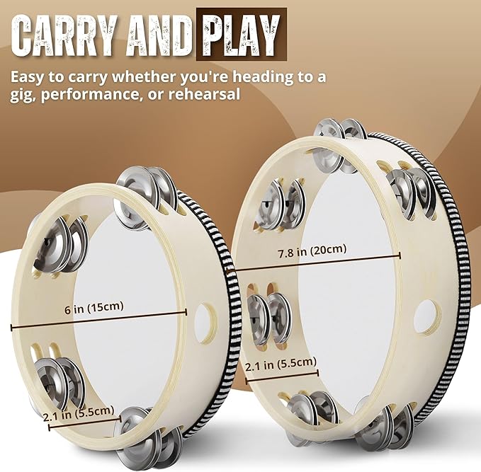 Flexzion Handheld Tambourine - 8 & 6 Inch Set of 2 Pack, Double Row 12 Pair Metal Jingles, Percussion Drum Moon Musical Educational Instrument for Adults Classroom Gift Party (Wood)