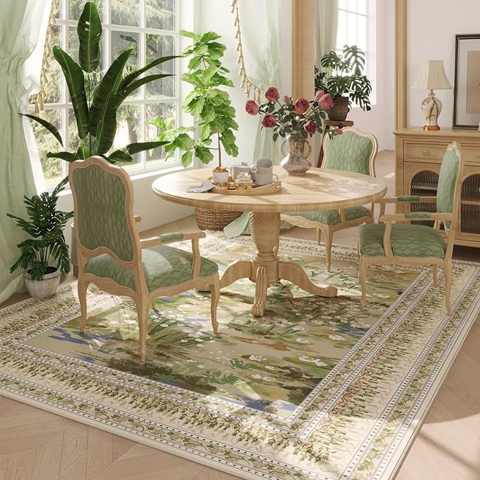 Area Rugs 8x10 Clearance Impressionist-Style Vintage Washable Area Rug Non Slip Low Pile Large Rug for Bedroom Farmhouse Dining Room Kids Playroom, Beige