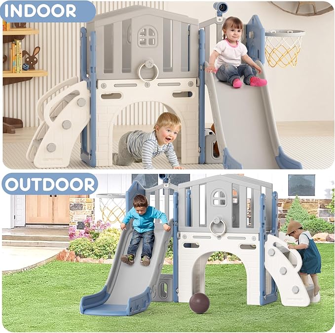 YUFU 8 in 1 Toddler Slide Set, Kids Slide for Toddlers Age 1-3, Toddler Playset with Climber, Basketball Hoop and Ball, Outdoor Indoor Playground for Toddlers 1-3 (Blue+Gray)