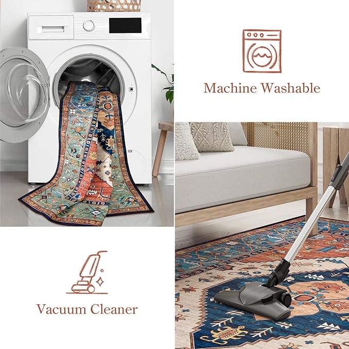Lahome Area Rugs 9x12 Living Room - Boho Non-Slip Washable Rug Ultra-Thin Stain Resistant Large Carpet Throw Non Shedding Dining Room Mat, Oriental Print Carpet for Bedroom Guest Room (Rust, 9'x12')