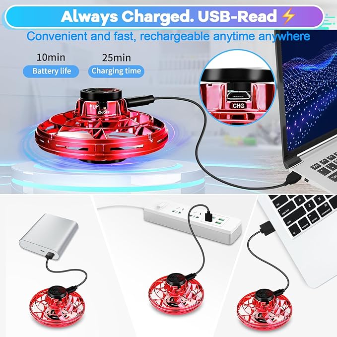 Hand Operated Mini Drone for Kids - LED UFO Flying Orb Ball, Rechargeable Mini Fidget Spinner Toy for Indoor Outdoor,Christmas Birthday Party Gifts for Girls Boys(Red)